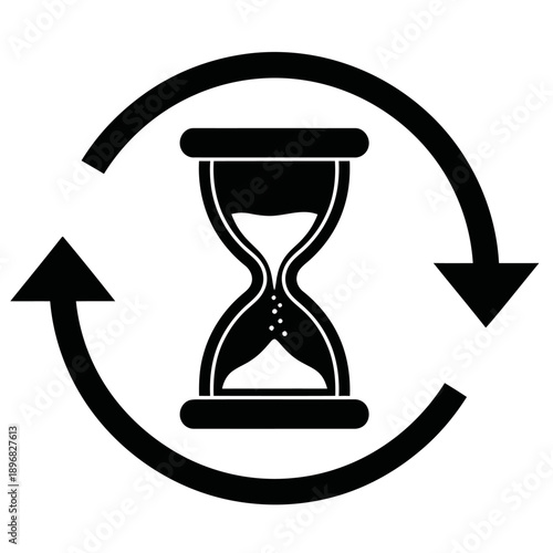 Time Update Refresh Icon with Hourglass – Waiting, Deadline, Loading Process Symbol (Black Silhouette)