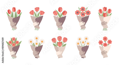 Hands Holding Flower Bouquets Set. Flat Vector Illustration Collection of Tulips, Roses, and Daisies. Gift, Love, Celebration Icons.