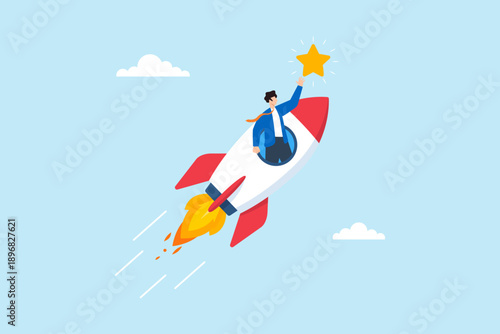 Flat illustration of businessman inside rocket reaching for star symbolizing startup launch ambitious vision innovation rapid growth breakthrough success and aiming for high goals
