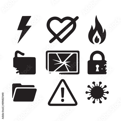 Collection of abstract technology and caution symbols including lightning bolt broken heart fire cracked screen lock folder warning triangle and virus icon