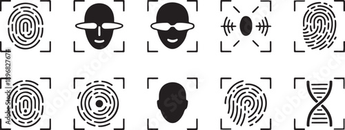 Collection of biometric identification icons, including fingerprint, facial recognition, and DNA helix, 