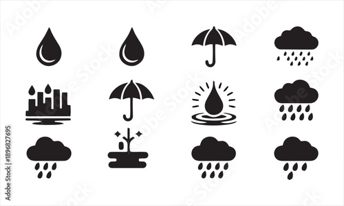 Collection of black and white vector icons illustrating weather phenomena and precipitation like rain drops umbrella clouds and stormy skies with lightning.