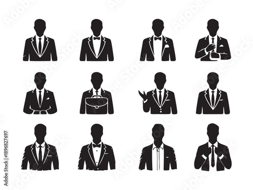 Collection of black and white vector icons depicting men in formal suits and tuxedos, showcasing different styles, tie knots, and accessories for fashion and event design.