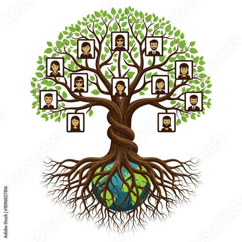 Family tree with portraits growing from Earth, showing generational connections