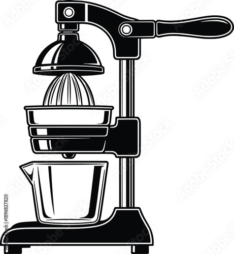 Manual black citrus juicer machine silhouette with lever handle and glass, professional kitchen tool for fresh orange juice, healthy lifestyle breakfast equipment