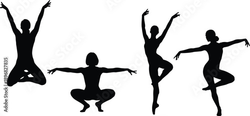 Black vector silhouette set of female ballet dancers and gymnasts performing artistic poses for concepts of classical dance elegance fitness and physical flexibility