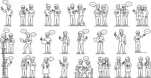 Large set of people characters talking, social interaction line art, diverse men and women communicating, office networking, community conversation vector icons collection
