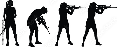 Black vector silhouette set of a female sniper with a scoped rifle for concepts of tactical shooting military training defense security and target practice