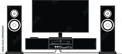 Modern home theater system silhouette with large flat screen television on media console and professional floor standing stereo speakers, entertainment room interior