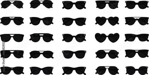 Black vector silhouette set of various sunglasses and eyewear styles for concepts of summer fashion protection travel beach lifestyle and optics branding