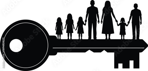 Black vector silhouette of a large family standing on a house key for concepts of home ownership real estate security and mortgage