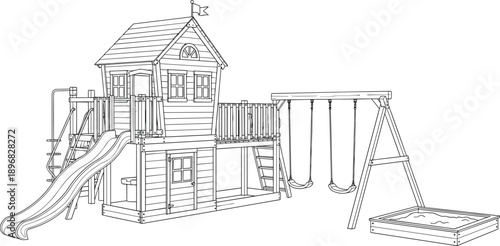 Outdoor wooden playground equipment for children featuring playhouse with slide and swings in outline sketch style for coloring book and education.