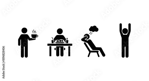 Four Simple Stick Figure Icons Representing Daily Activities.