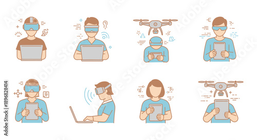 line icons of people using vr ar drones laptops tablets depicting modern digital interaction and future tech concepts.