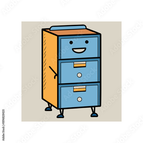 Cartoon filing cabinet with a smiling face on transparent background