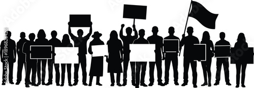 Silhouette of protesters holding blank placards and flags in crowd, activists manifesting for human rights at strike, people silhouette set on white