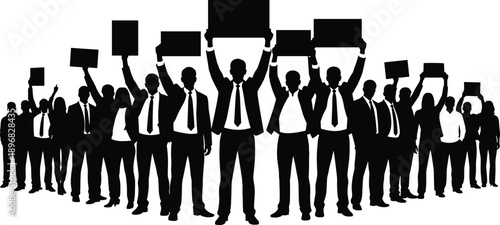 Silhouette of business professional crowd holding blank signs and placards, corporate strike and activism manifesting for rights, group of people protesting