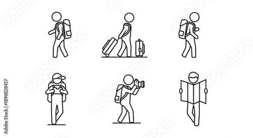 outline travel icons depicting tourists with backpacks luggage cameras and maps representing common vacation activities.