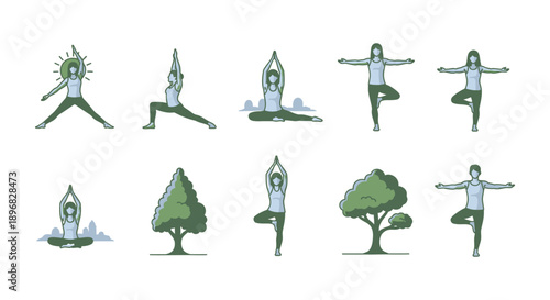 women practicing diverse yoga poses like tree pose illustrating balance mindfulness and a healthy lifestyle connected to nature