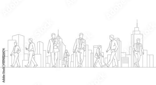 urban business people walking past city skyscrapers illustrating the dynamic energy of a daily professional commute in a bustling financial district.