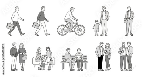 diverse people flat design illustrations depicting everyday modern urban lifestyle scenes showing work family and social interactions for concepts.