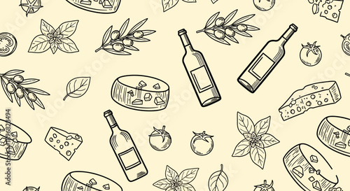hand-drawn italian food pattern illustration featuring wine cheese olives basil and tomatoes on a cream background ideal for culinary branding.