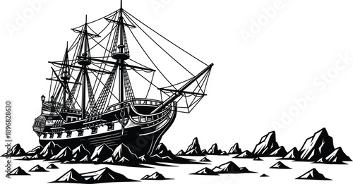 Vintage wooden sailing ship silhouette navigating through dangerous rocky waters, classical maritime exploration and nautical adventure scene, black and white historical vessel