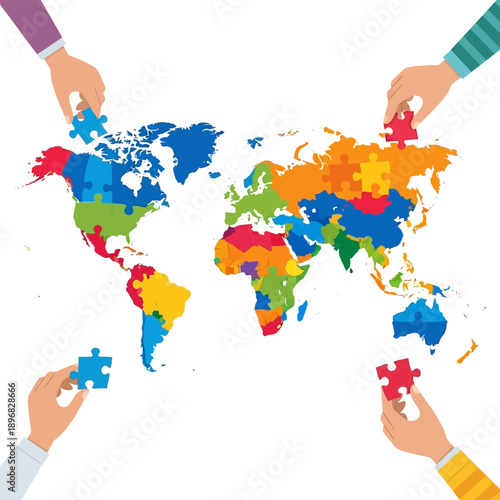 Hands connecting world map puzzle pieces in a global collaboration concept