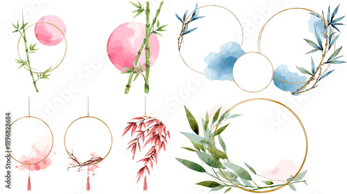 Watercolor circle frames set with bamboo leaves, soft stains, and gold rings. Elegant botanical wreath collection for wedding invitations, greeting cards, branding, and backgrounds.