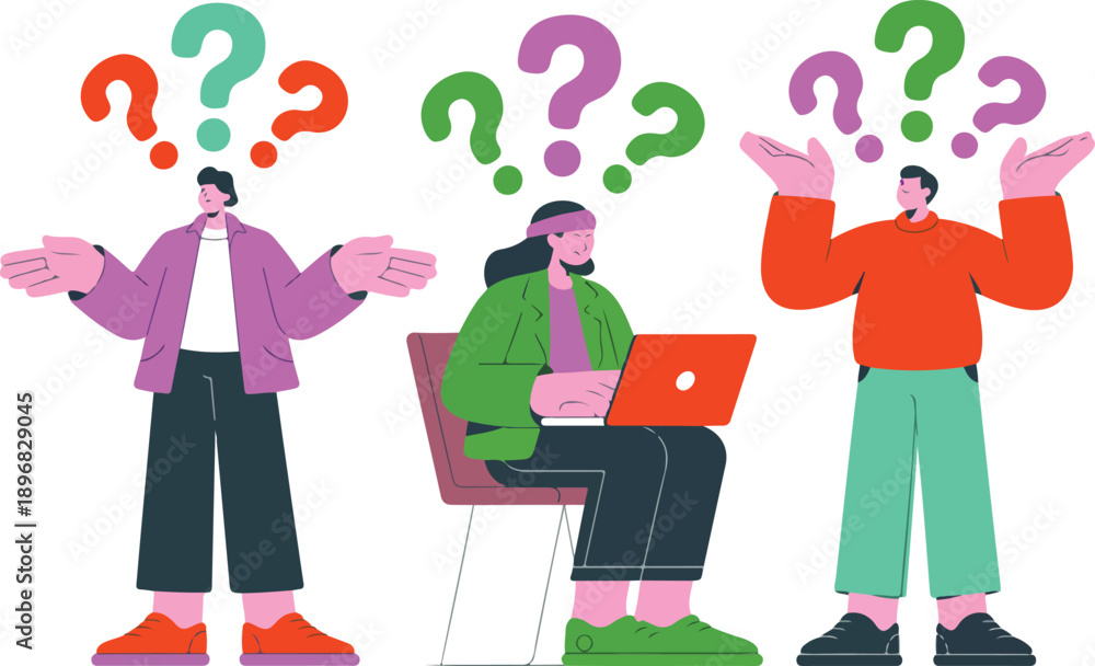 Obraz premium Business Confusion & Help Center Outline Icon Set Diverse People Shrugging with Question Marks