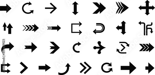 Collection of various black directional arrows and symbols on a plain white background, viewed from a straightforward perspective