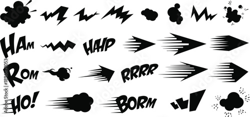 Comic book sound effects and motion indicators in a dynamic illustration