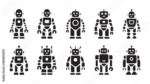 Collection of diverse robot icons with varied designs and styles including humanoid and mechanical robots 