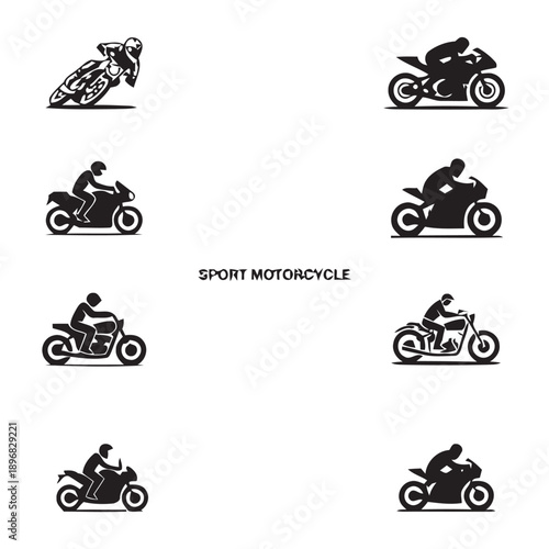 Collection of diverse sport motorcycle icons showing riders in dynamic poses and various bike styles representing speed power and competitive racing in black and white silhouettes