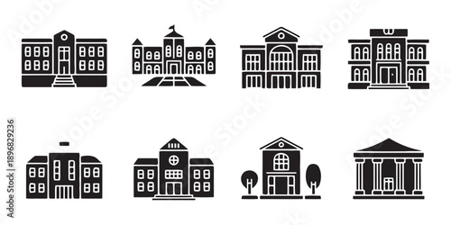 Collection of eight building icons representing different types of institutions and structures, such as schools, colleges, and governmental buildings.