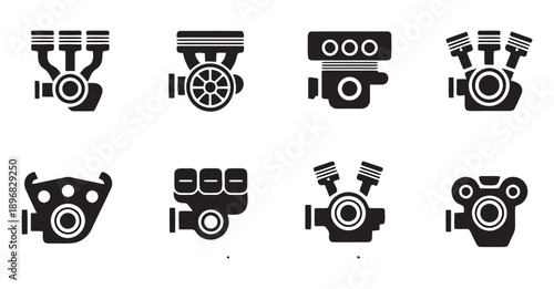 Collection of eight diverse black engine icons representing different types of car motors and automobile power units for automotive and mechanical themes