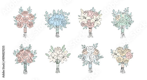 Minimalist Wedding Bouquets Vector Set. Pastel line art flowers collection with roses, peonies, and lilies for invitation design.