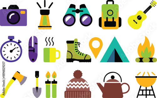 Outdoor Camping & Hiking Outline Icon Set  Tent, Campfire, and Adventure Essentials (20 Icons)