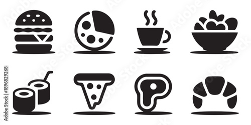 Collection of eight diverse food icons, including a burger, pizza slice, coffee cup, salad bowl, sushi, steak, and croissant, perfect for menus and culinary themes.