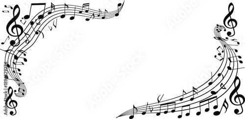 Musical notes and symbols forming a decorative frame from top left to bottom right