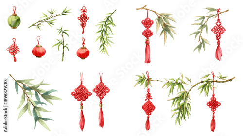 Watercolor Chinese New Year hanging ornaments set with red knots, tassels, lantern charms, and bamboo branches. Festive decoration collection for Lunar New Year greetings.
