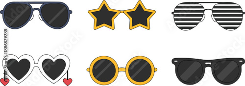Novelty Sunglasses Outline Icon Set  Aviator, Heart, and Star Frames (6 Icons)