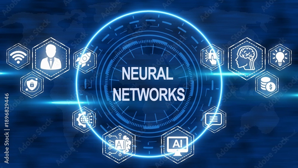 Obraz premium Neural Networks Concept with Icons Representing AI and Data Processing artificial intelligence machine learning