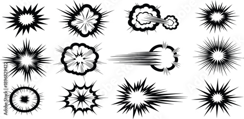Collection of various explosion and burst effects in black and white illustrations