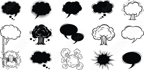 Collection of diverse cartoon speech bubbles and thought clouds in various styles and shapes