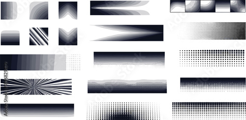 A collection of abstract design elements and patterns displayed in a grid layout on a neutral background from a straightforward viewpoint