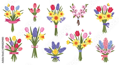 Colorful Spring Flower Bouquets Set. Vector Collection of Tulip, Daffodil, and Hyacinth Bundles for Easter, Mother's Day, and Wedding Decorations on White Background.
