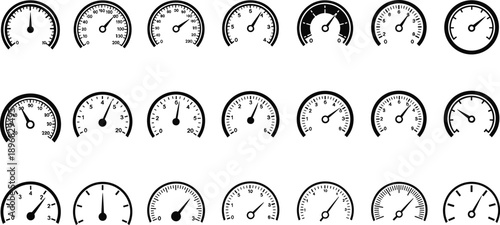 Collection of various gauges and dials on white background, showcasing different measurement instruments and controls in a grid layout