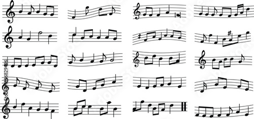 Musical notes and symbols arranged on a staff, showcasing various melodies and harmonies in a musical composition viewed from directly above.