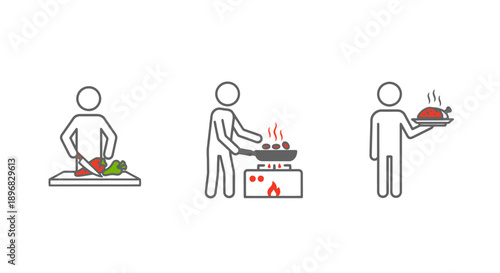 Three figures showing stages of food preparation and serving.